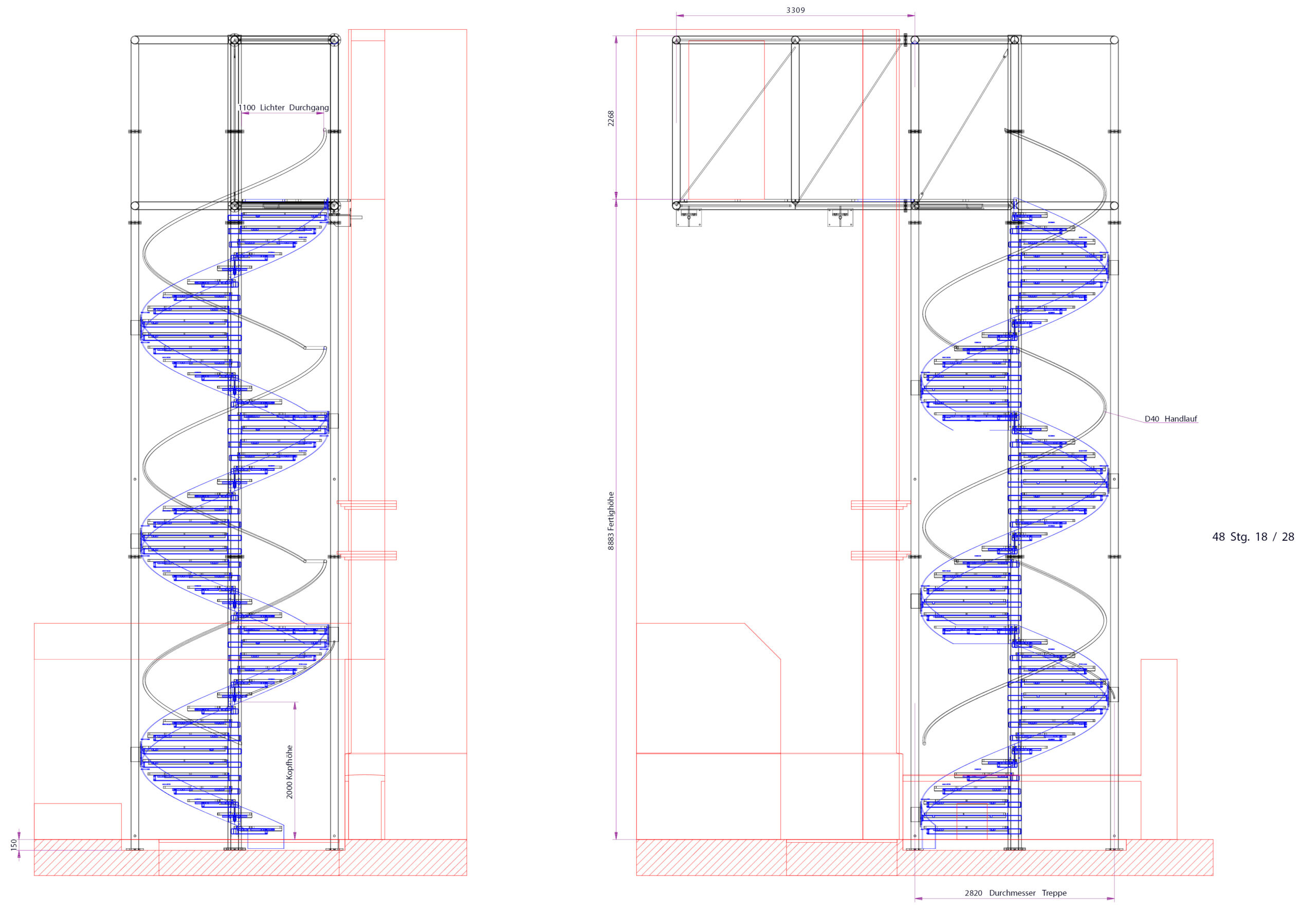 Schnittzeichnung einer Treppe von spitzbart treppen für Architekten und Planer